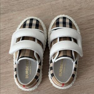 Burberry White Leather & Beige Check Kids Velcro Sandals with Red Accent